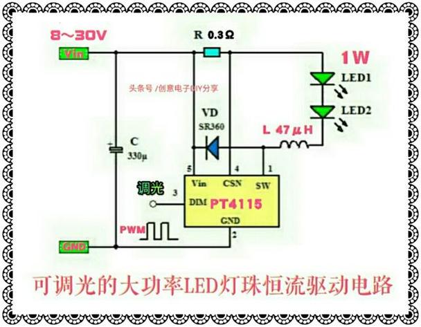 上图中的pt4115是一款可调光,可调输出电流的降压型led恒流驱动ic,其